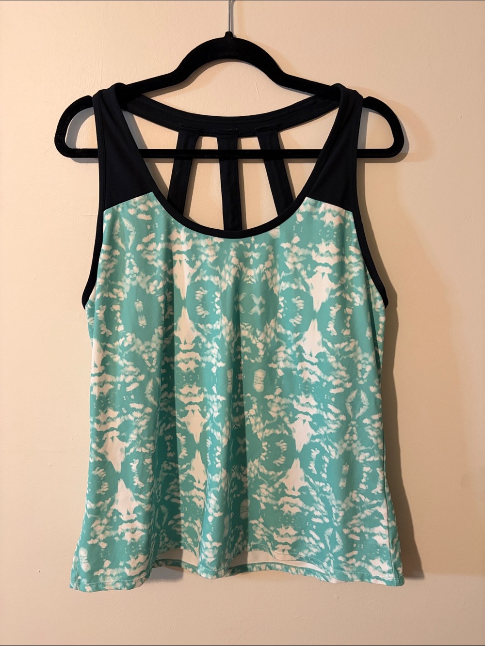 Women’s Aqua Tie-Dye Print Tank Top with Black Trim